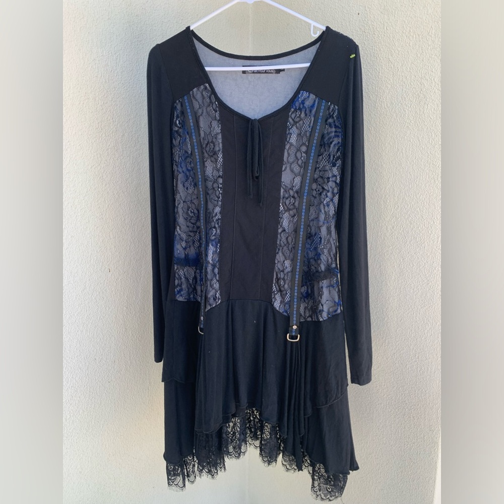 C’Fait Pour Vous Black Gray Lining Blue Lace Suspender Longsleeve Dress